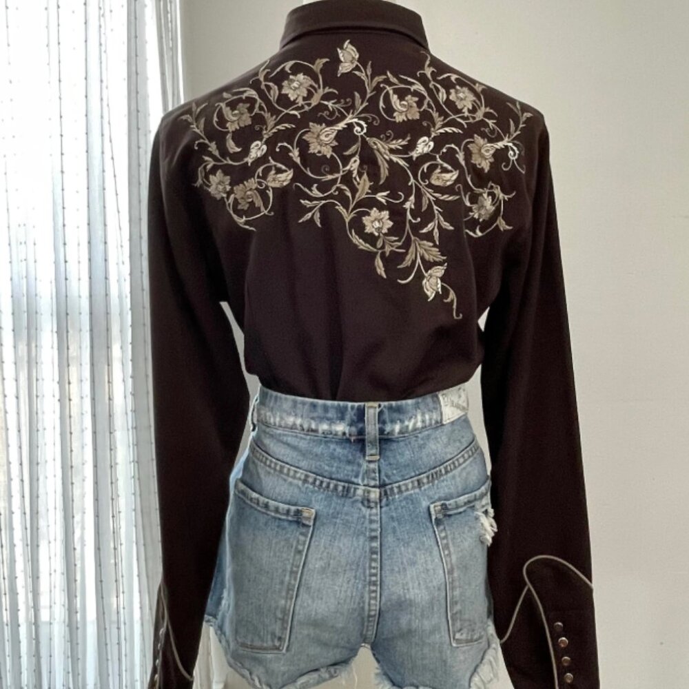 VINTAGE 1980s Roper Dark Brown Taupe Embroidery Amber Pearl Snaps Size M